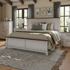 Ensemble de chambre 4 pièces Rustique Ivoire et Miel – Grand lit/Très grand lit, Bois vieilli bicolore