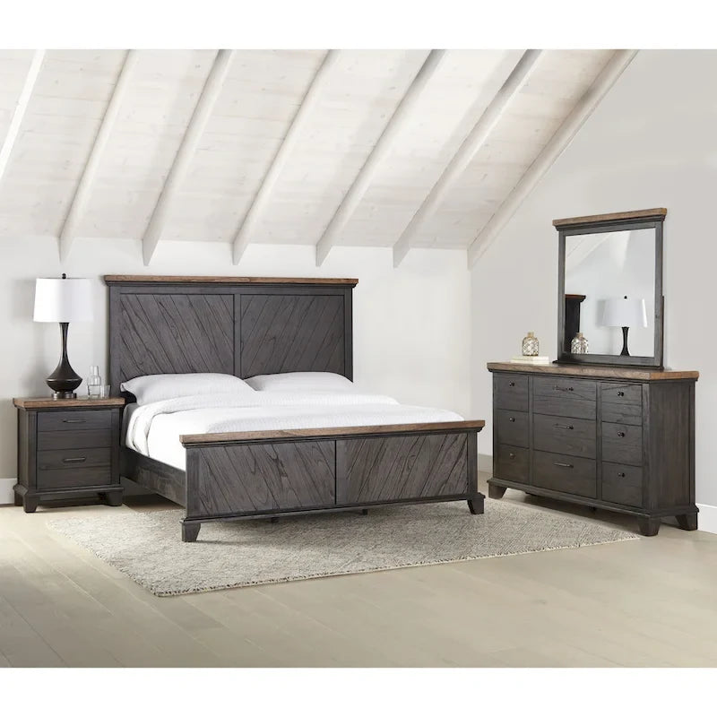 Ensemble de chambre 4 pièces Rustique Ivoire et Miel – Grand lit/Très grand lit, Bois vieilli bicolore