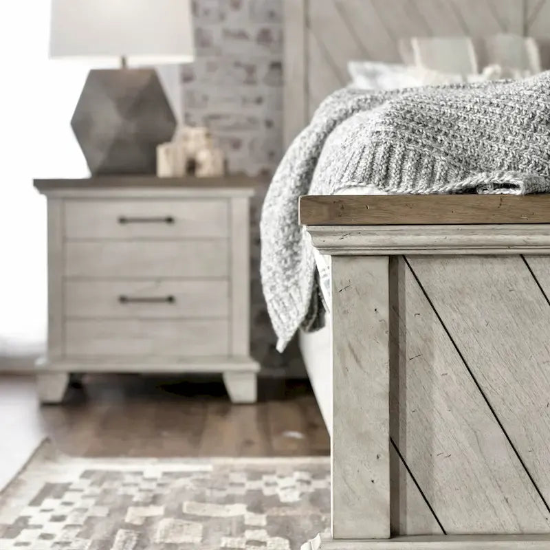 Ensemble de chambre 4 pièces Rustique Ivoire et Miel – Grand lit/Très grand lit, Bois vieilli bicolore
