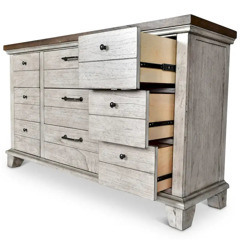 Ensemble de chambre 4 pièces Rustique Ivoire et Miel – Grand lit/Très grand lit, Bois vieilli bicolore
