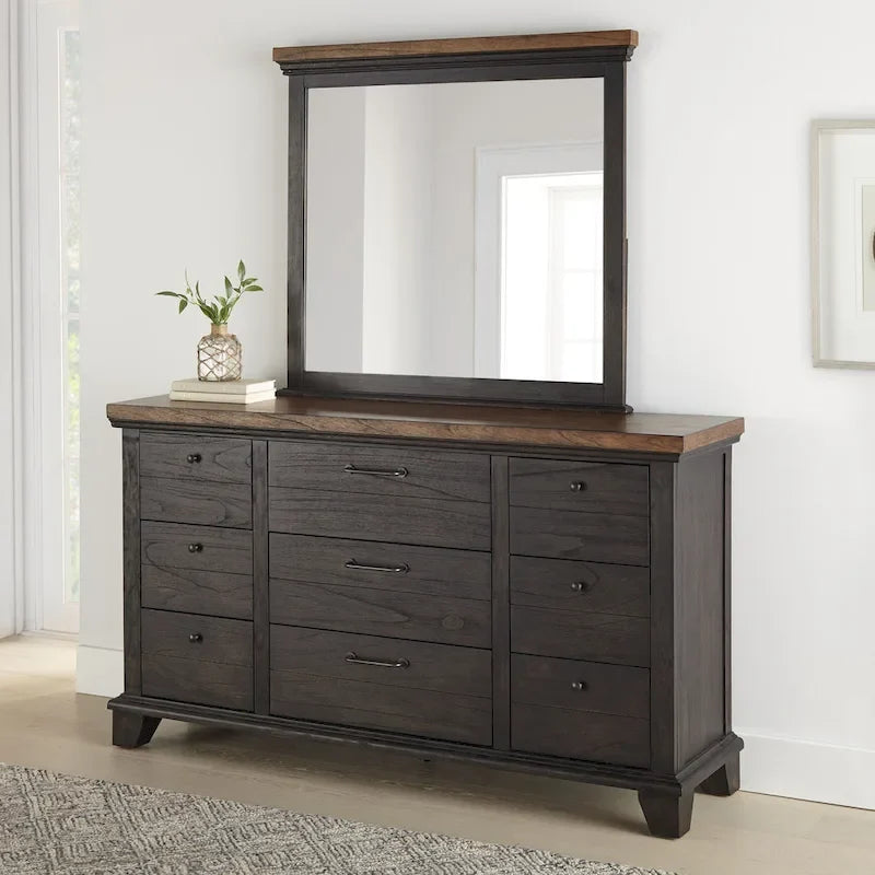 Ensemble de chambre 4 pièces Rustique Ivoire et Miel – Grand lit/Très grand lit, Bois vieilli bicolore