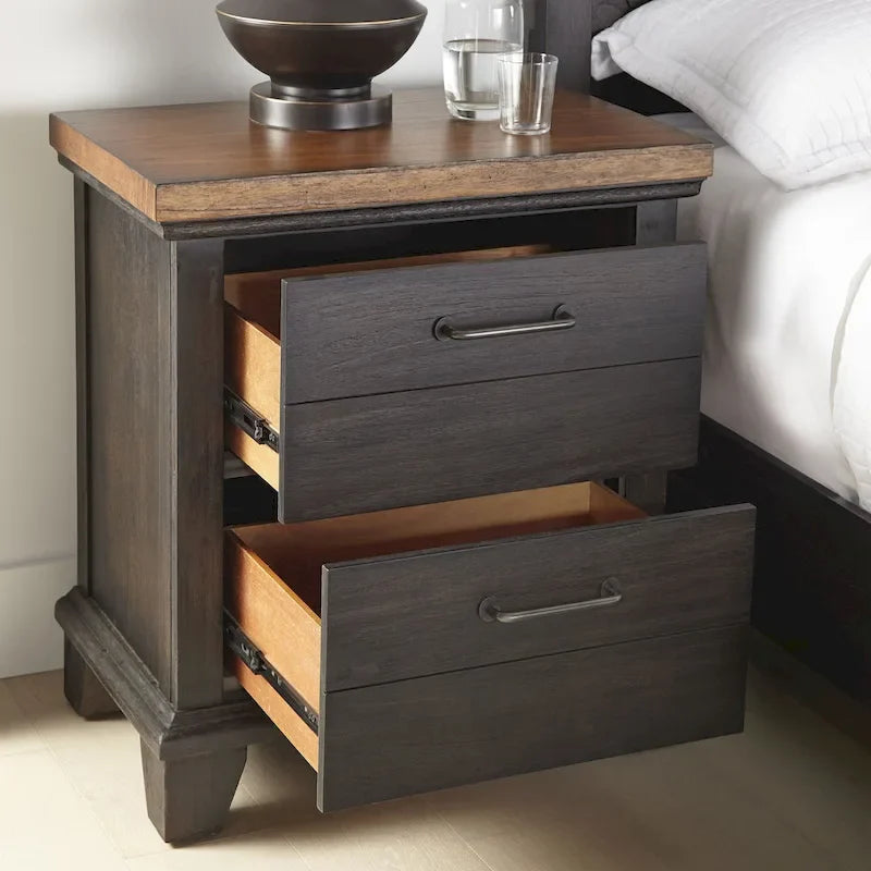 Ensemble de chambre 4 pièces Rustique Ivoire et Miel – Grand lit/Très grand lit, Bois vieilli bicolore