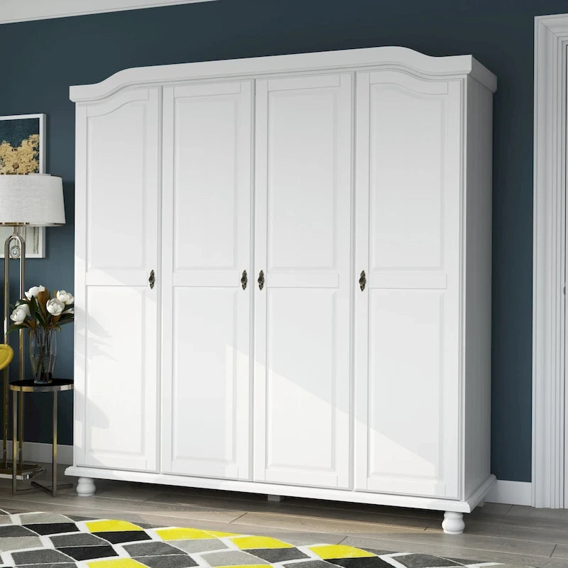Armoire 4 portes en bois massif – Blanc/Moka/Java/Noir, Standard ou avec miroir