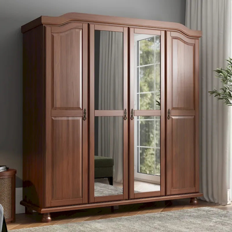 Armoire 4 portes en bois massif – Blanc/Moka/Java/Noir, Standard ou avec miroir
