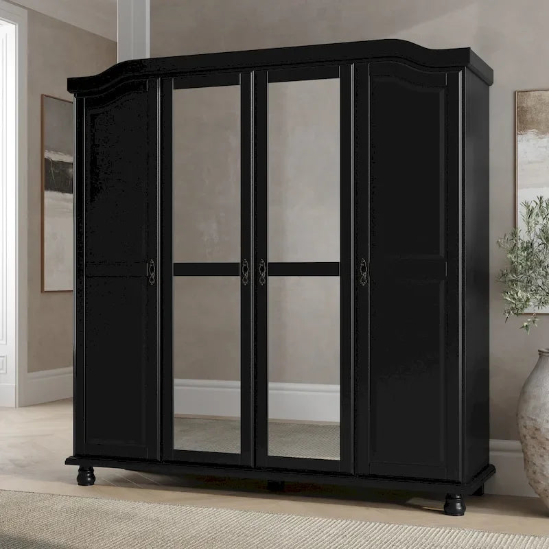 Armoire 4 portes en bois massif – Blanc/Moka/Java/Noir, Standard ou avec miroir