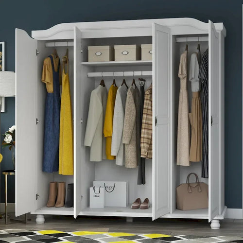 Armoire 4 portes en bois massif – Blanc/Moka/Java/Noir, Standard ou avec miroir