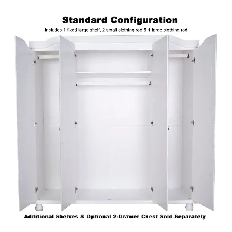 Armoire 4 portes en bois massif – Blanc/Moka/Java/Noir, Standard ou avec miroir