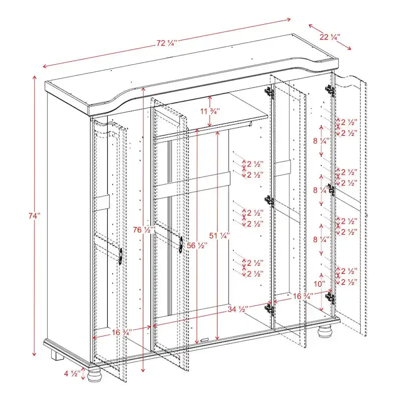 Armoire 4 portes en bois massif – Blanc/Moka/Java/Noir, Standard ou avec miroir