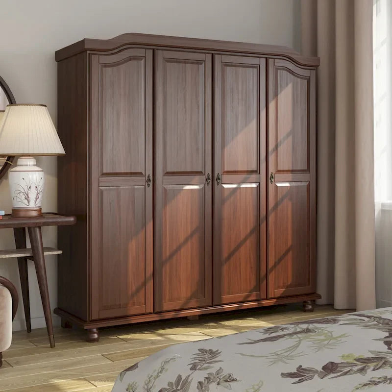 Armoire 4 portes en bois massif – Blanc/Moka/Java/Noir, Standard ou avec miroir
