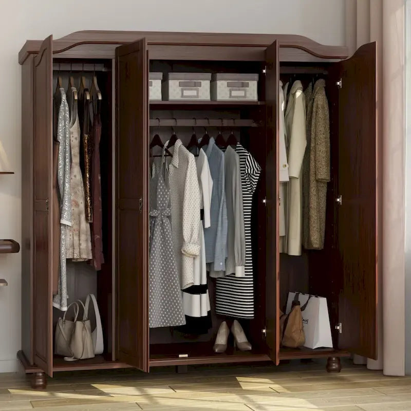 Armoire 4 portes en bois massif – Blanc/Moka/Java/Noir, Standard ou avec miroir