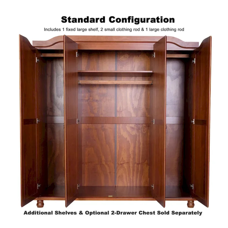 Armoire 4 portes en bois massif – Blanc/Moka/Java/Noir, Standard ou avec miroir