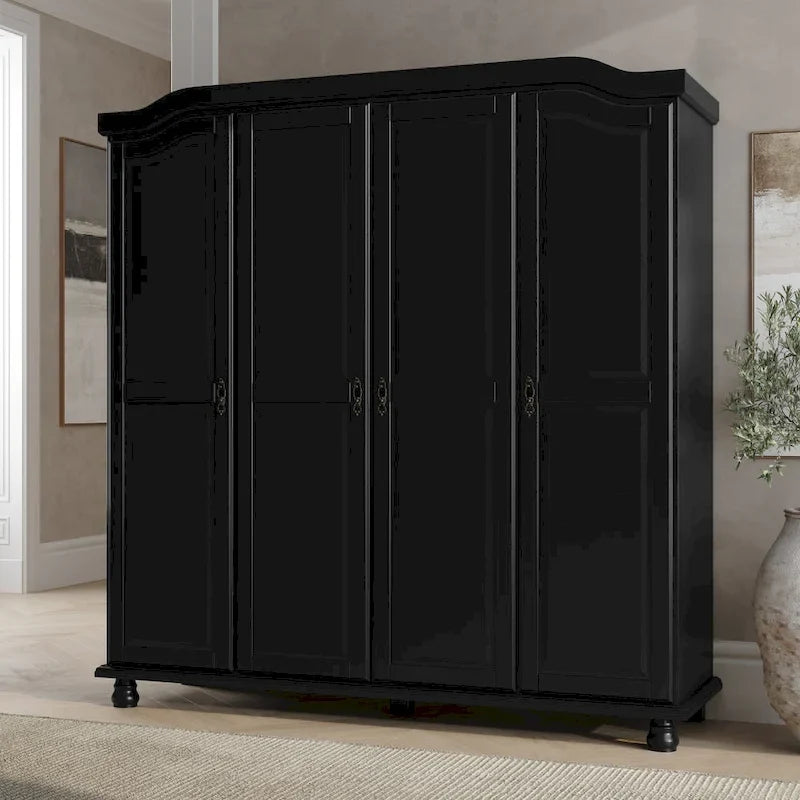 Armoire 4 portes en bois massif – Blanc/Moka/Java/Noir, Standard ou avec miroir