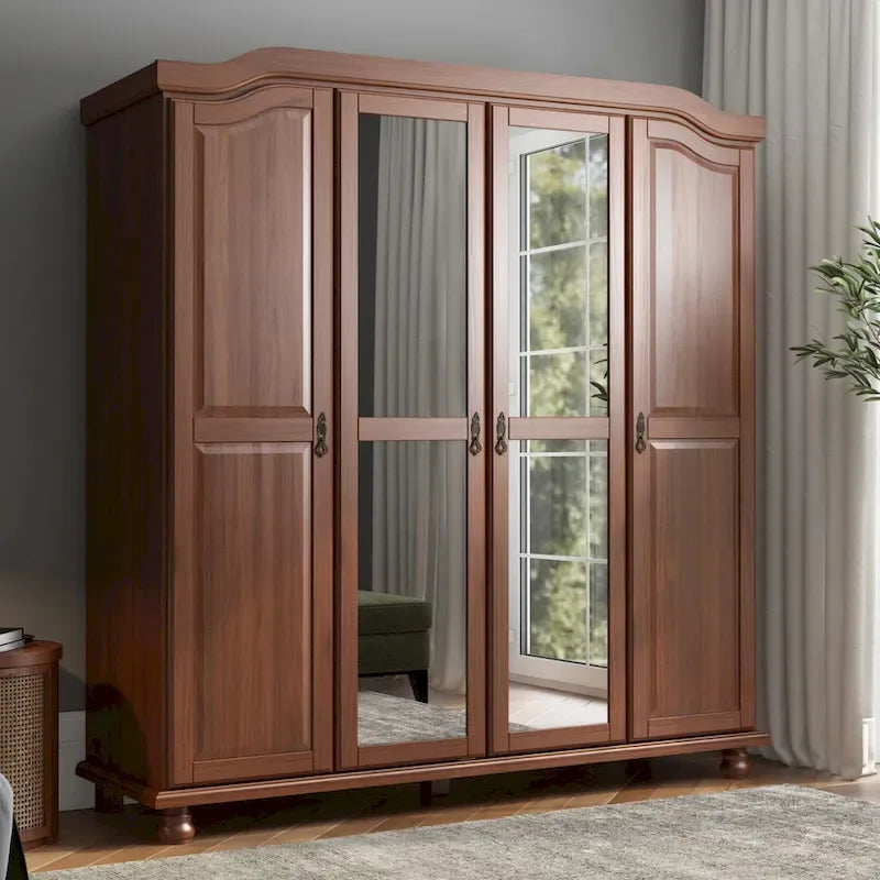 Armoire 4 portes en bois massif – Blanc/Moka/Java/Noir, Standard ou avec miroir