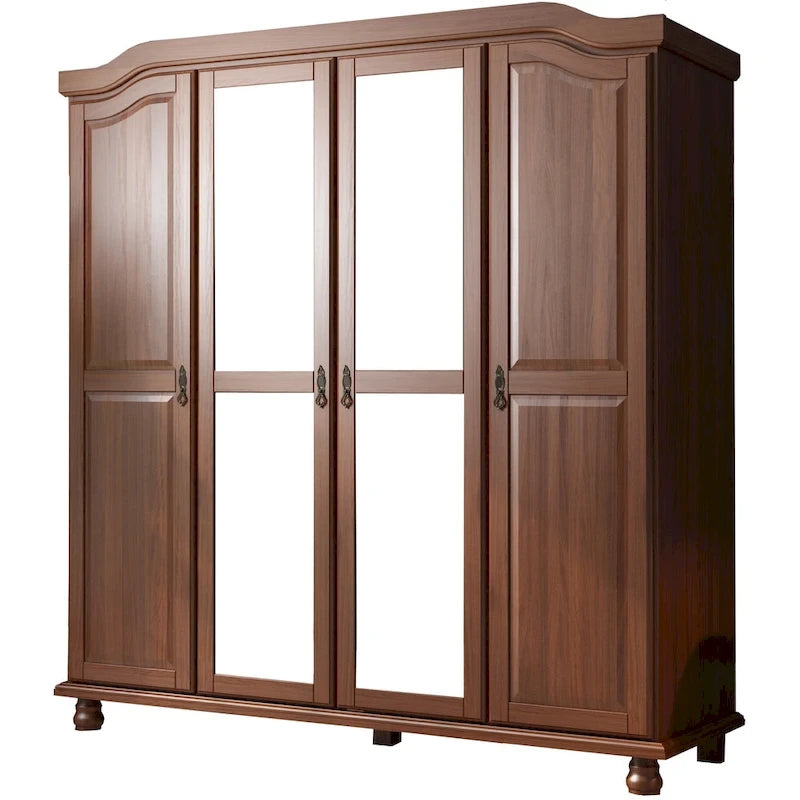 Armoire 4 portes en bois massif – Blanc/Moka/Java/Noir, Standard ou avec miroir