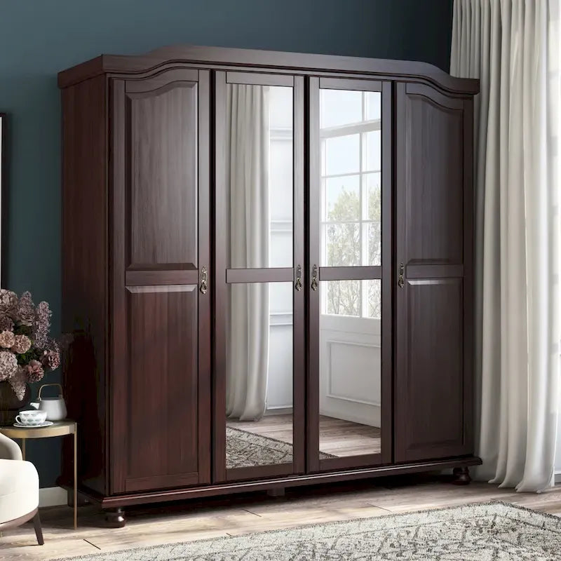 Armoire 4 portes en bois massif – Blanc/Moka/Java/Noir, Standard ou avec miroir