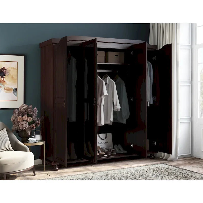 Armoire 4 portes en bois massif – Blanc/Moka/Java/Noir, Standard ou avec miroir