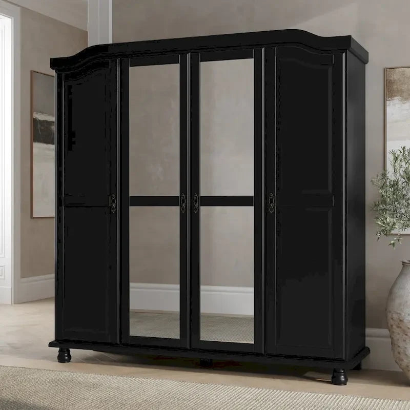 Armoire 4 portes en bois massif – Blanc/Moka/Java/Noir, Standard ou avec miroir