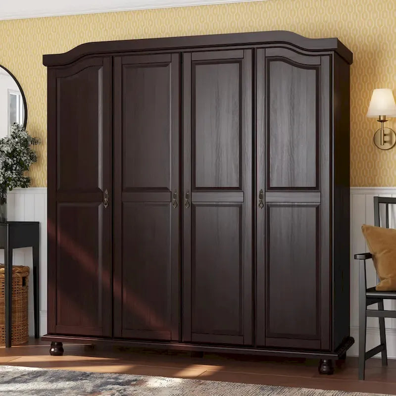 Armoire 4 portes en bois massif – Blanc/Moka/Java/Noir, Standard ou avec miroir
