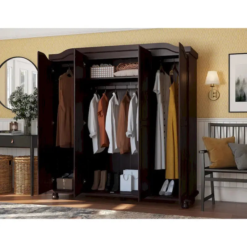 Armoire 4 portes en bois massif – Blanc/Moka/Java/Noir, Standard ou avec miroir