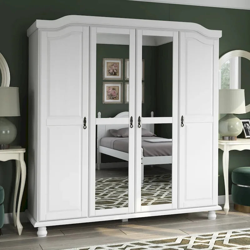 Armoire 4 portes en bois massif – Blanc/Moka/Java/Noir, Standard ou avec miroir