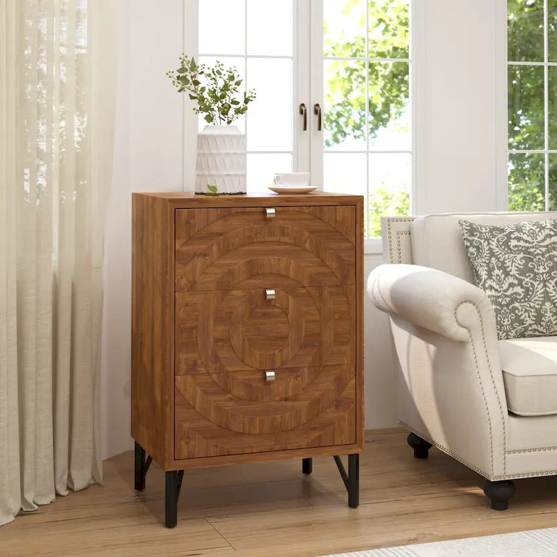 Table de chevet en faux bois brun, poignées gris antique, 1 personne – 1/2/3 tiroirs