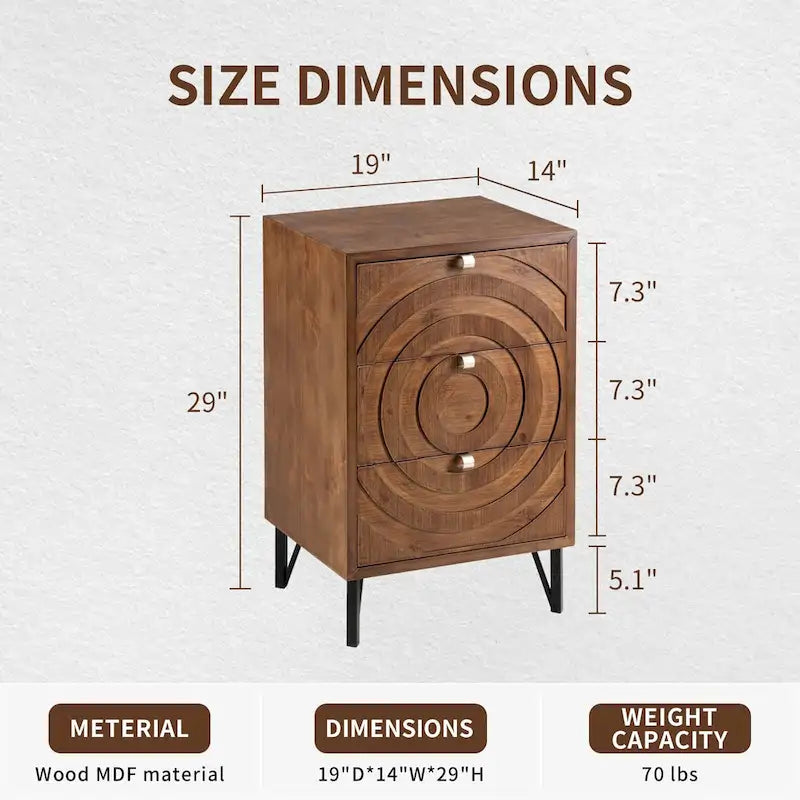 Table de chevet en faux bois brun, poignées gris antique, 1 personne – 1/2/3 tiroirs