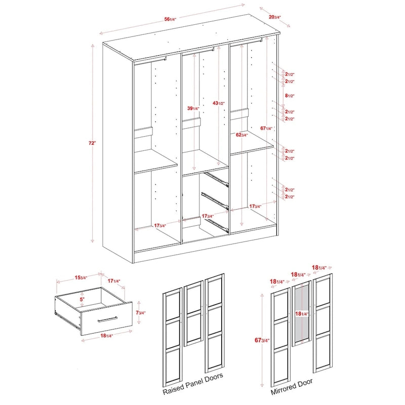 Armoire 3 portes en bois massif – Blanc/Moka/Gris/Java/Noir/Acajou, porte pleine ou miroir, utilisateur unique