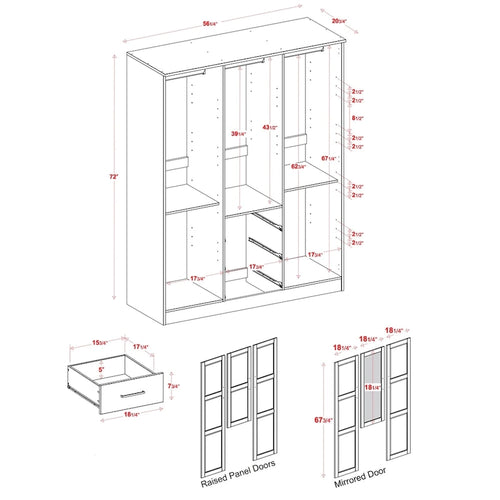 Armoire 3 portes en bois massif – Blanc/Moka/Gris/Java/Noir/Acajou, porte pleine ou miroir, utilisateur unique