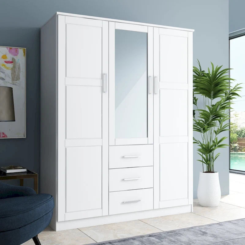 Armoire 3 portes en bois massif – Blanc/Moka/Gris/Java/Noir/Acajou, porte pleine ou miroir, utilisateur unique
