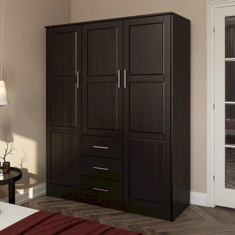 Armoire 3 portes en bois massif – Blanc/Moka/Gris/Java/Noir/Acajou, porte pleine ou miroir, utilisateur unique