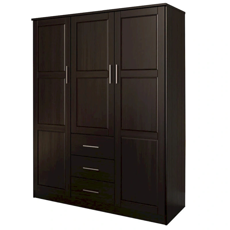 Armoire 3 portes en bois massif – Blanc/Moka/Gris/Java/Noir/Acajou, porte pleine ou miroir, utilisateur unique