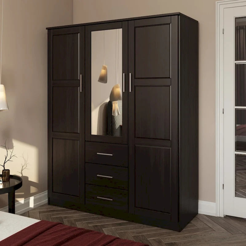 Armoire 3 portes en bois massif – Blanc/Moka/Gris/Java/Noir/Acajou, porte pleine ou miroir, utilisateur unique