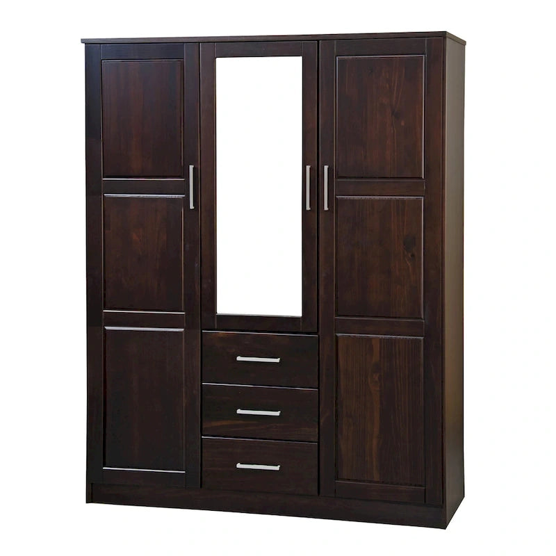 Armoire 3 portes en bois massif – Blanc/Moka/Gris/Java/Noir/Acajou, porte pleine ou miroir, utilisateur unique