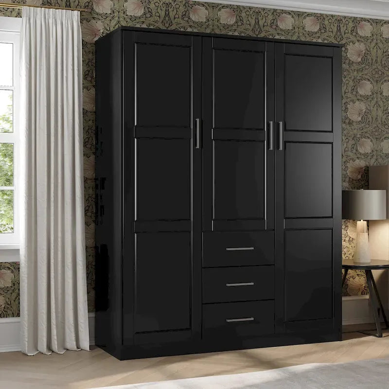 Armoire 3 portes en bois massif – Blanc/Moka/Gris/Java/Noir/Acajou, porte pleine ou miroir, utilisateur unique