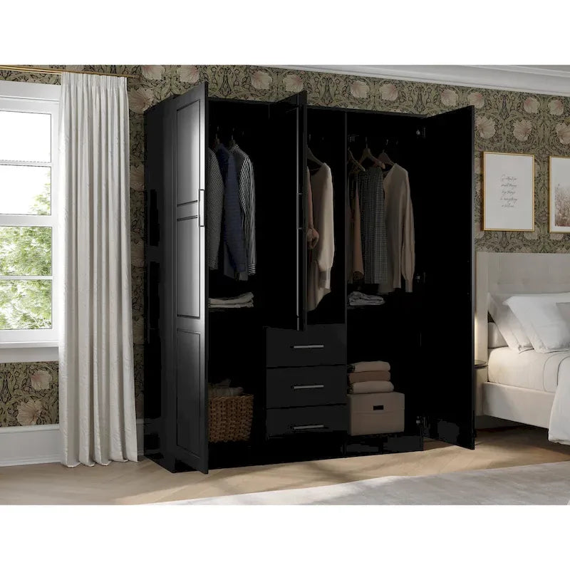 Armoire 3 portes en bois massif – Blanc/Moka/Gris/Java/Noir/Acajou, porte pleine ou miroir, utilisateur unique
