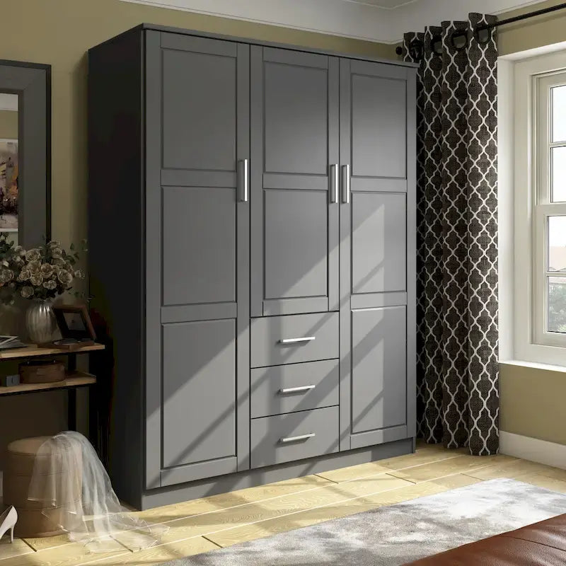 Armoire 3 portes en bois massif – Blanc/Moka/Gris/Java/Noir/Acajou, porte pleine ou miroir, utilisateur unique