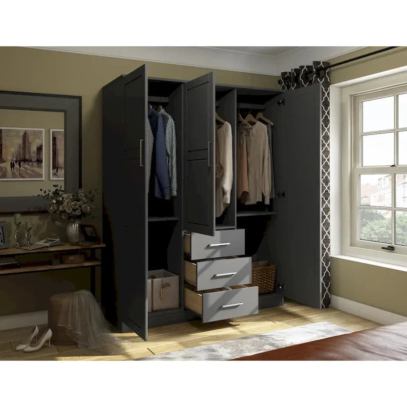 Armoire 3 portes en bois massif – Blanc/Moka/Gris/Java/Noir/Acajou, porte pleine ou miroir, utilisateur unique