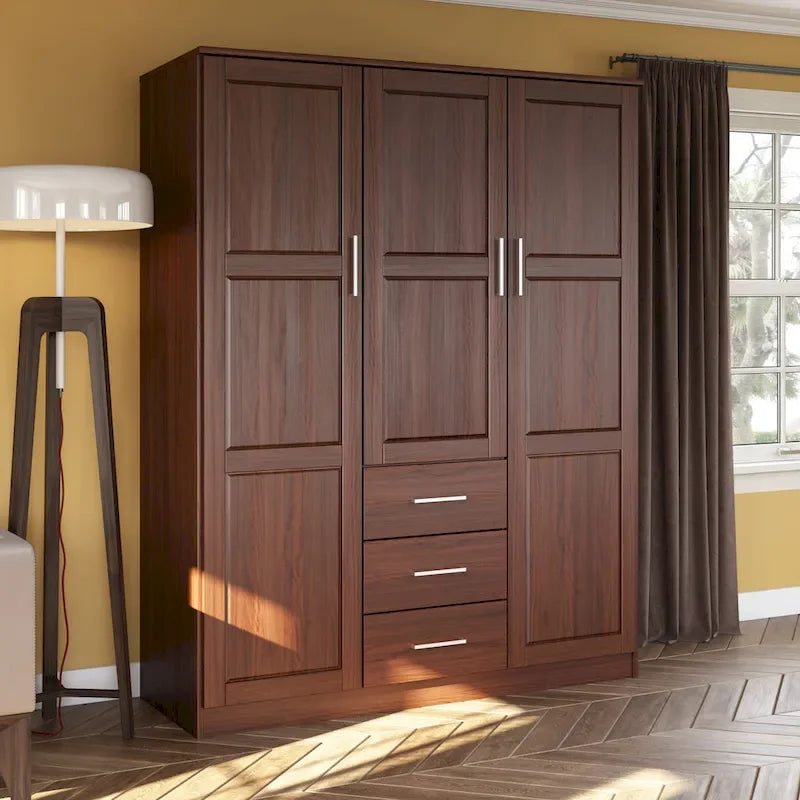 Armoire 3 portes en bois massif – Blanc/Moka/Gris/Java/Noir/Acajou, porte pleine ou miroir, utilisateur unique