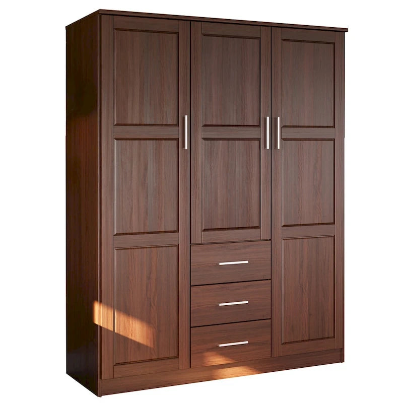 Armoire 3 portes en bois massif – Blanc/Moka/Gris/Java/Noir/Acajou, porte pleine ou miroir, utilisateur unique
