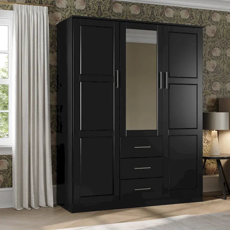 Armoire 3 portes en bois massif – Blanc/Moka/Gris/Java/Noir/Acajou, porte pleine ou miroir, utilisateur unique