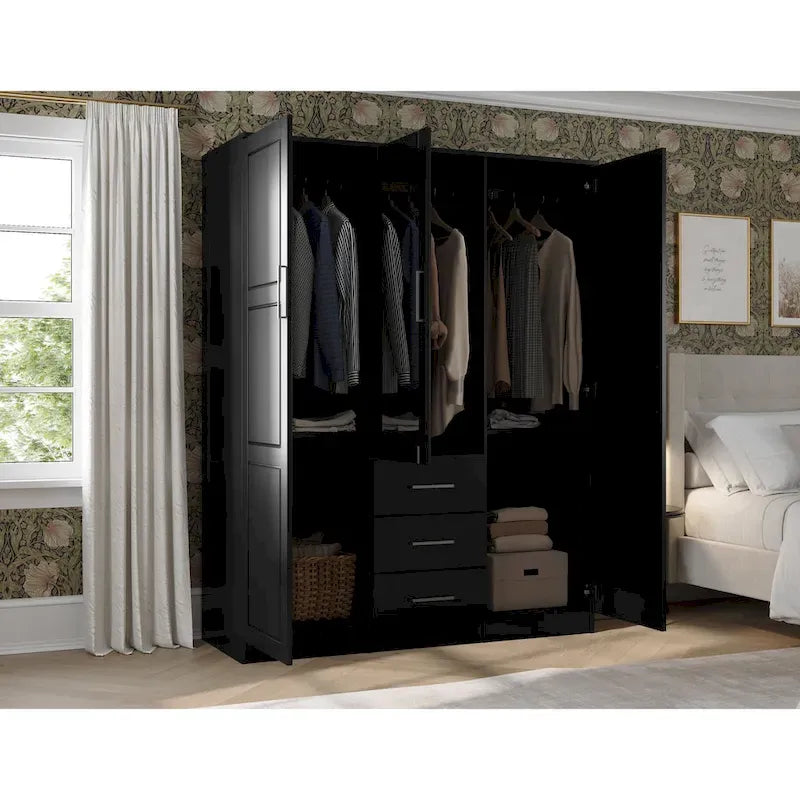 Armoire 3 portes en bois massif – Blanc/Moka/Gris/Java/Noir/Acajou, porte pleine ou miroir, utilisateur unique