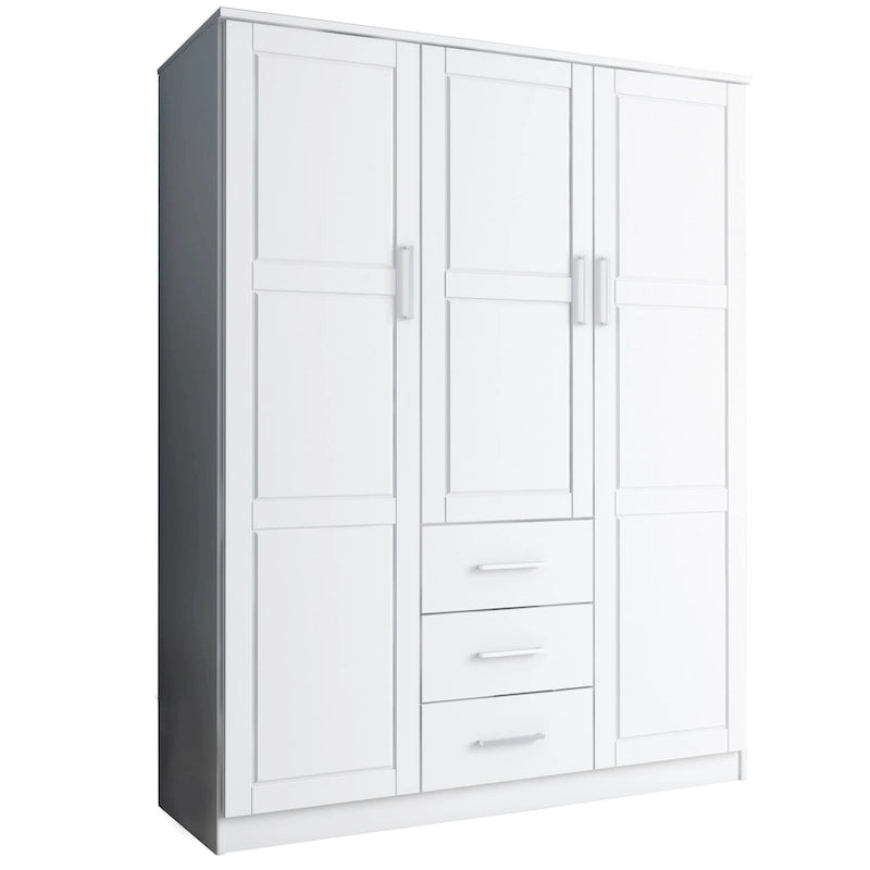 Armoire 3 portes en bois massif – Blanc/Moka/Gris/Java/Noir/Acajou, porte pleine ou miroir, utilisateur unique