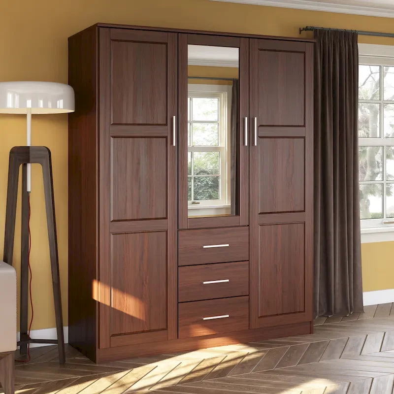 Armoire 3 portes en bois massif – Blanc/Moka/Gris/Java/Noir/Acajou, porte pleine ou miroir, utilisateur unique