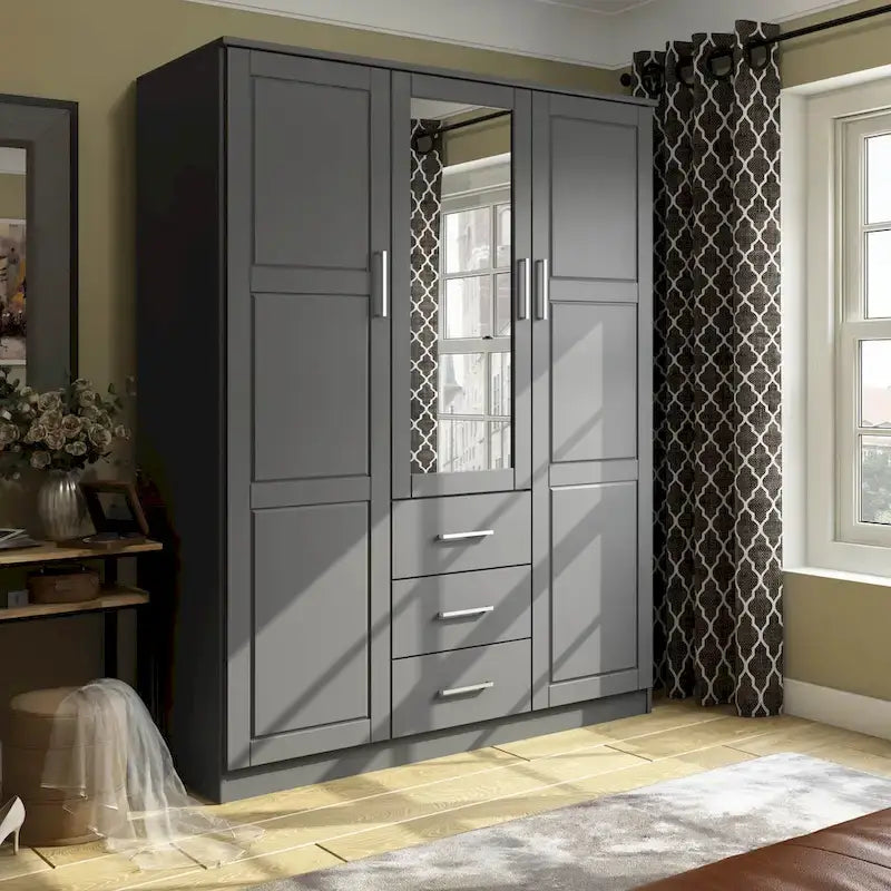Armoire 3 portes en bois massif – Blanc/Moka/Gris/Java/Noir/Acajou, porte pleine ou miroir, utilisateur unique