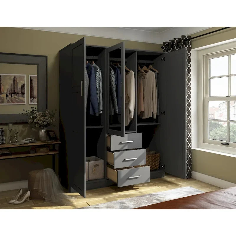 Armoire 3 portes en bois massif – Blanc/Moka/Gris/Java/Noir/Acajou, porte pleine ou miroir, utilisateur unique