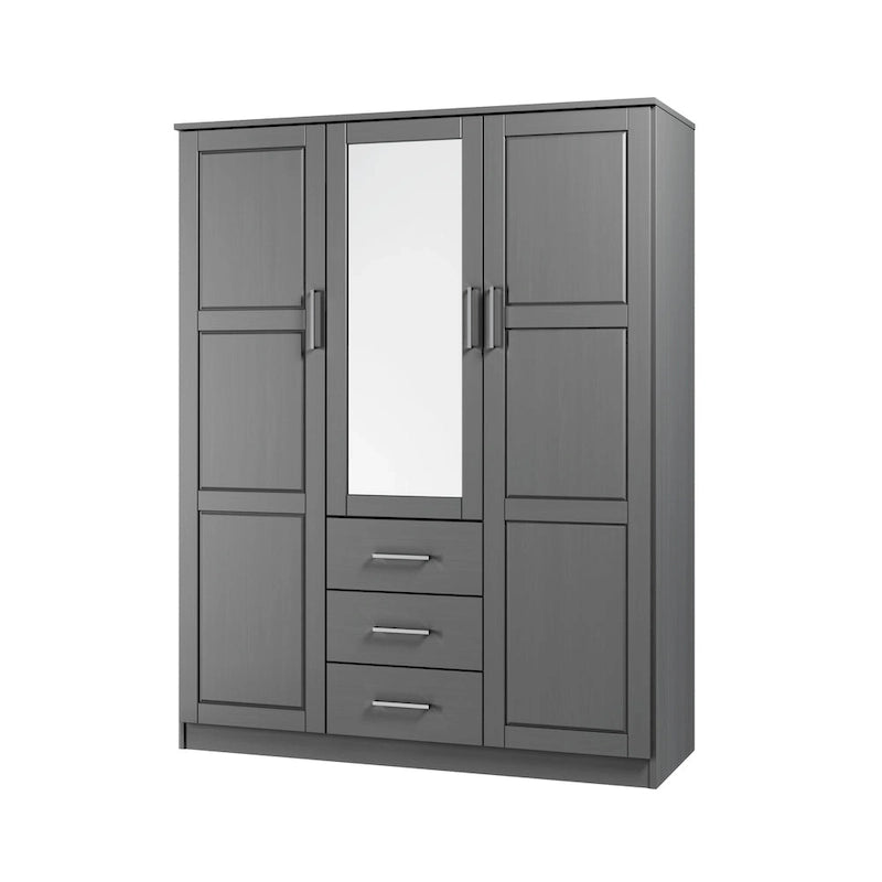 Armoire 3 portes en bois massif – Blanc/Moka/Gris/Java/Noir/Acajou, porte pleine ou miroir, utilisateur unique