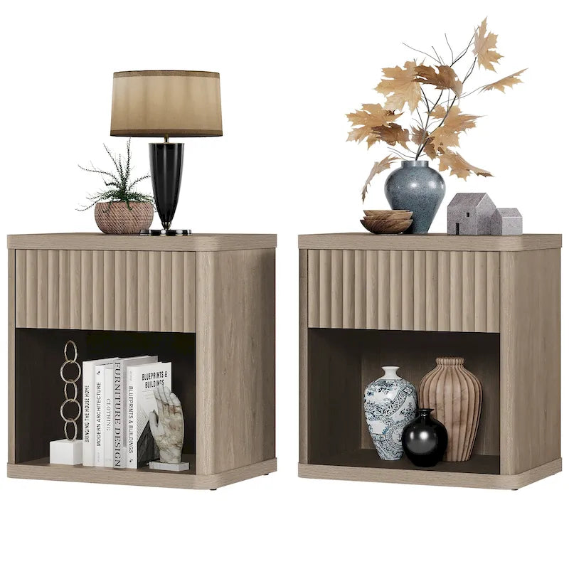 Tables de chevet cannelées grises/noires/beiges avec tiroir et étagère ouverte, lot de 2