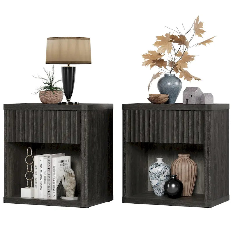 Tables de chevet cannelées grises/noires/beiges avec tiroir et étagère ouverte, lot de 2