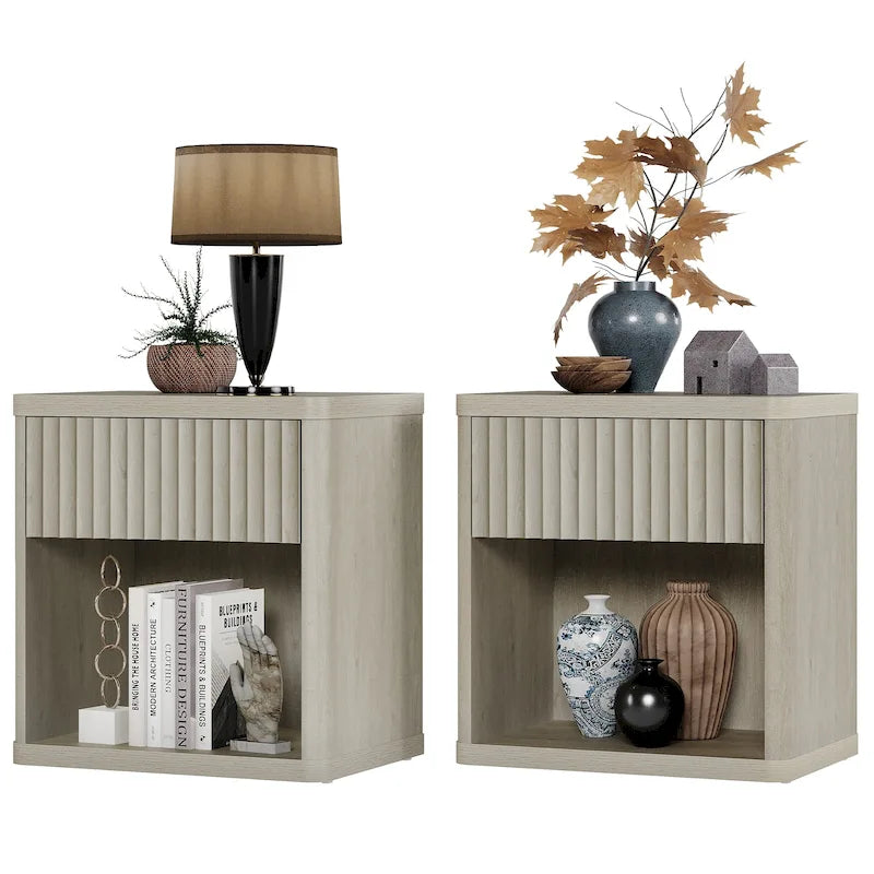 Tables de chevet cannelées grises/noires/beiges avec tiroir et étagère ouverte, lot de 2
