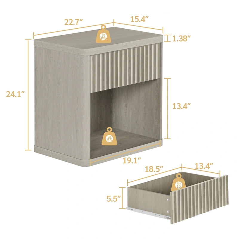 Tables de chevet cannelées grises/noires/beiges avec tiroir et étagère ouverte, lot de 2